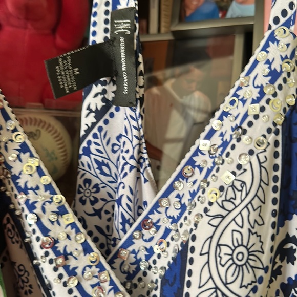 💖New Listing! INC blue/white spaghetti strap dress with handkerchief hem - Picture 4 of 4